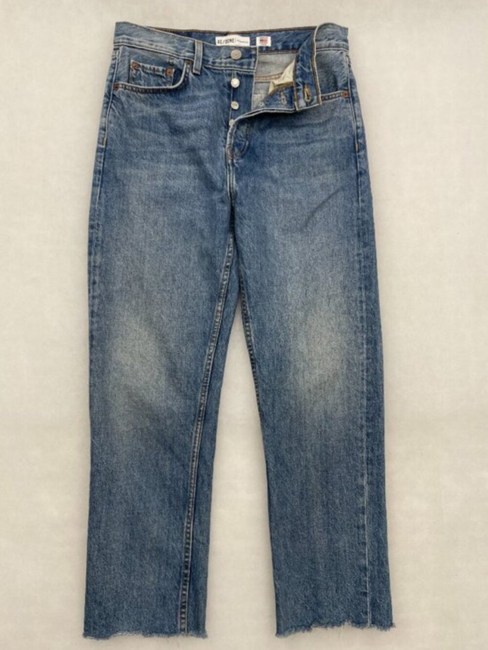 RE/DONE Originals Women's 28 High Rise Stove Pipe Jeans Blue Raw Hem Fits 30x27